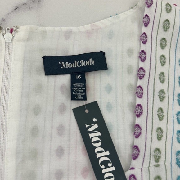 Modcloth Fabulous Fit and Flare Shirt Dress Size 16 New White Pink Stripe Retro - Picture 6 of 11